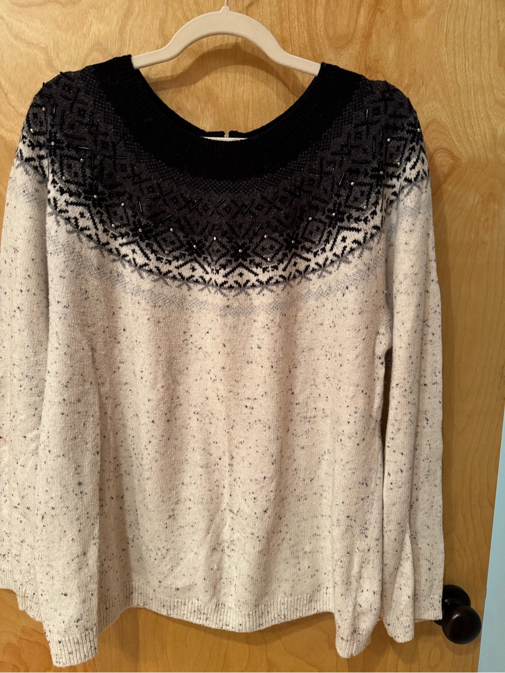 Talbot’s Women Cream Speckled Knit Sweater with Black Fair Isle Yoke